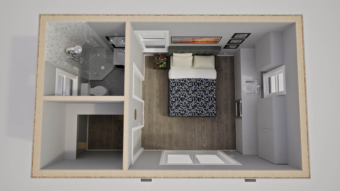 Anchored Tiny Homes East Bay model A-240 3D floor plan.