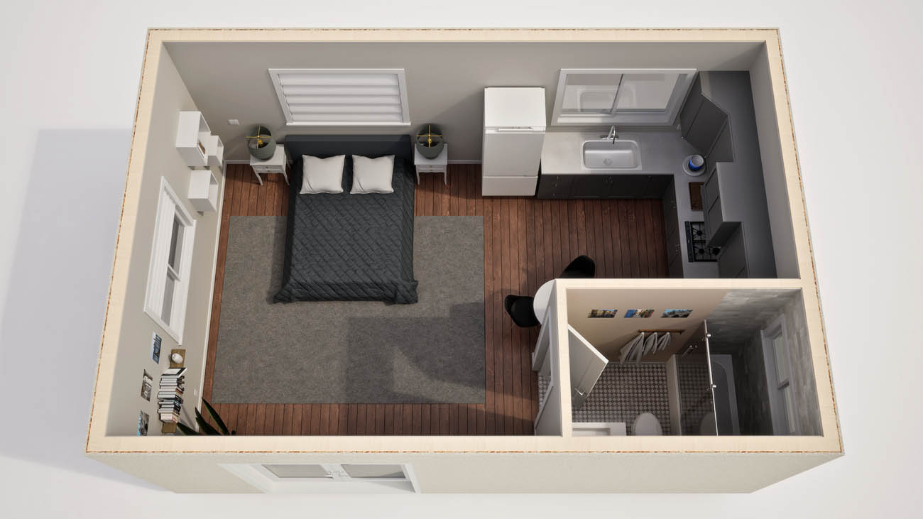 Anchored Tiny Homes East Bay model A-384 3D floor plan.