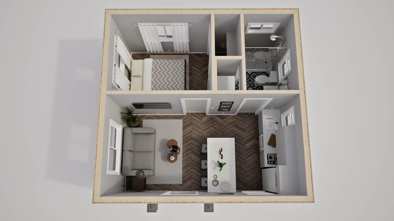 Anchored Tiny Homes Austin model B-364 3D floor plan.