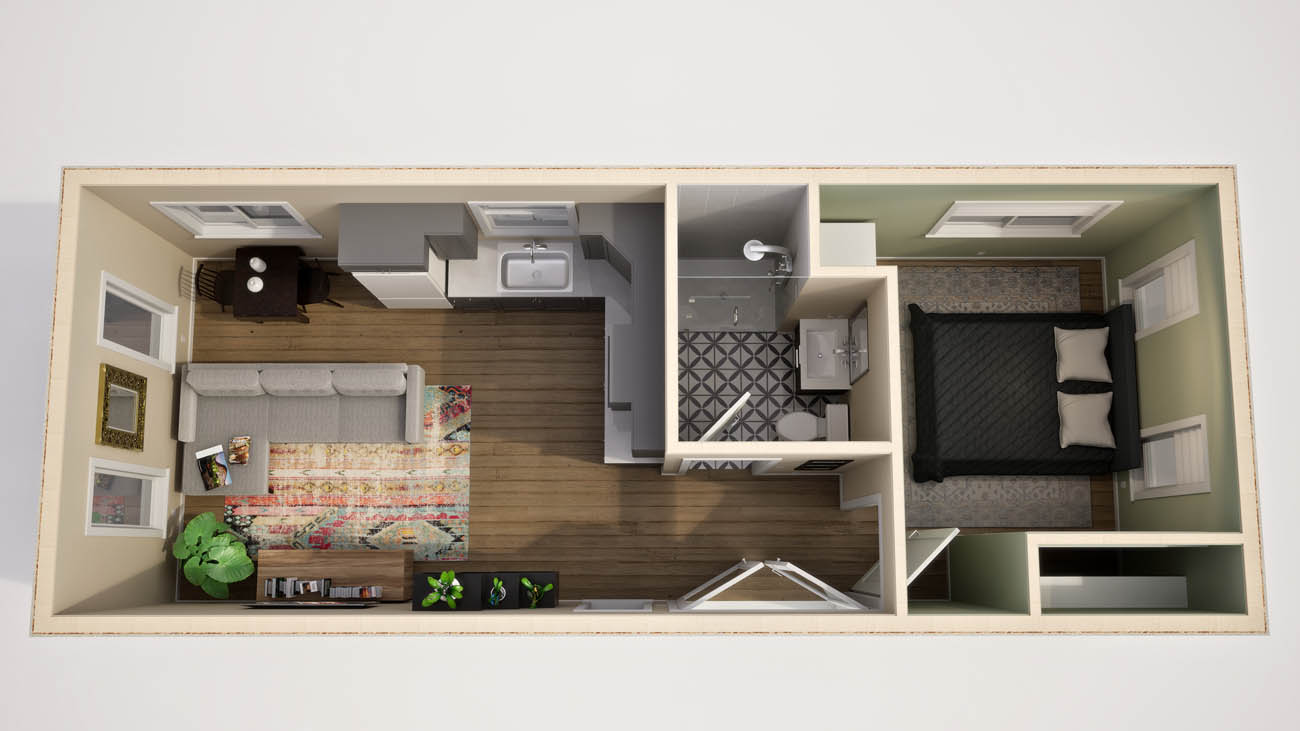 Anchored Tiny Homes of New England model B-504 3D floor plan.
