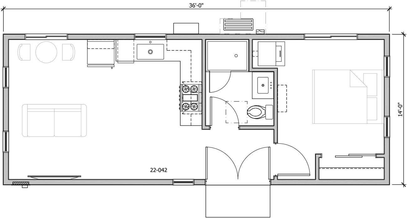Anchored Tiny Homes East Bay model B-504 dimensions.