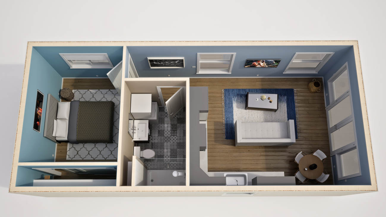 Anchored Tiny Homes East Bay model B-576 3D floor plan.