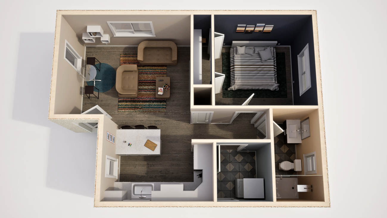 Anchored Tiny Homes Phoenix model B-609 3D floor plan.
