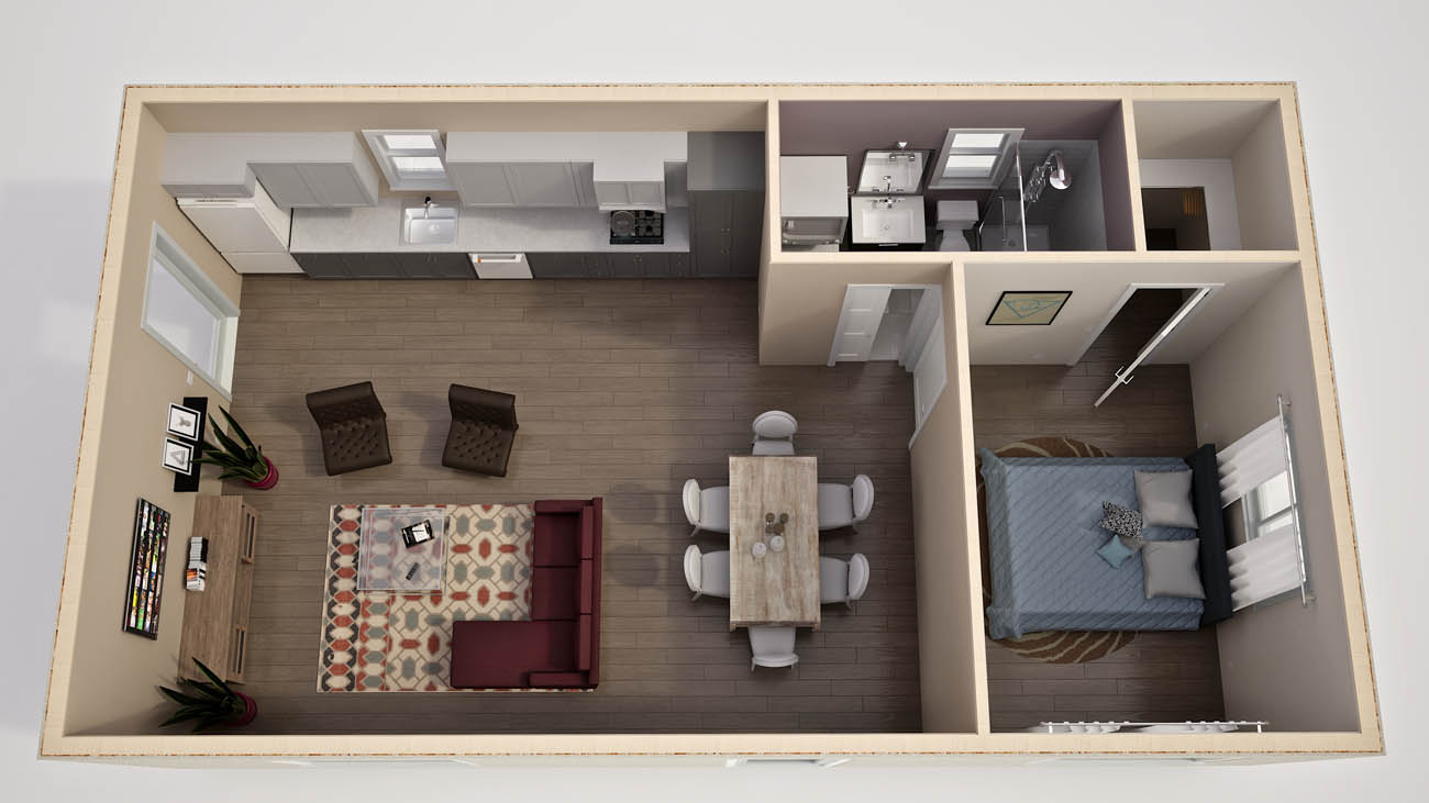 Anchored Tiny Homes of Denver model B-700 3D floor plan.