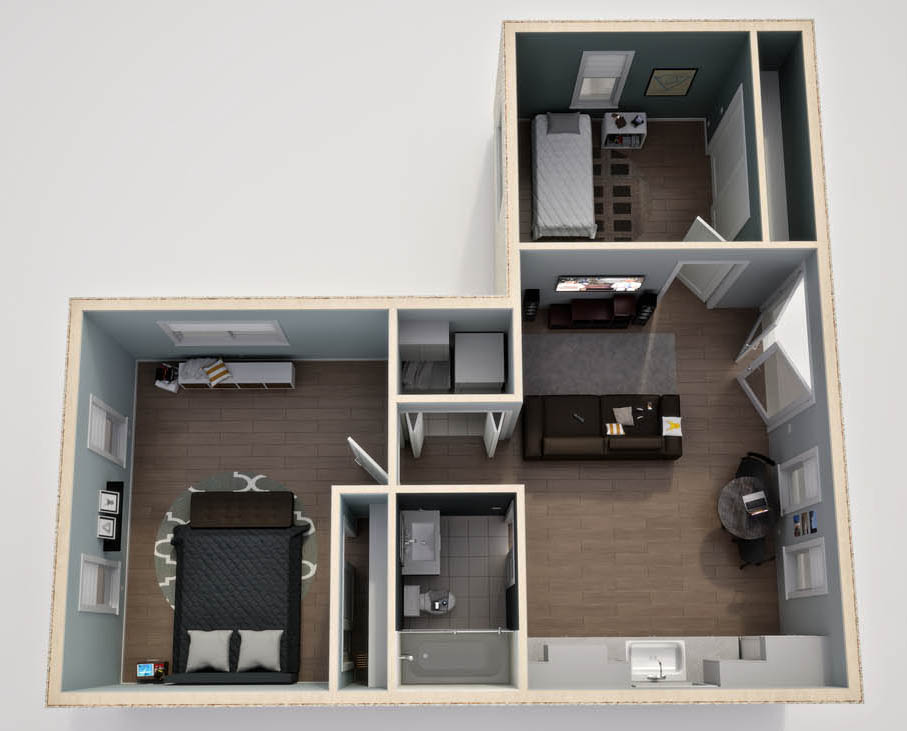 Anchored Tiny Homes of Simpsonville model C-743 3D floor plan.