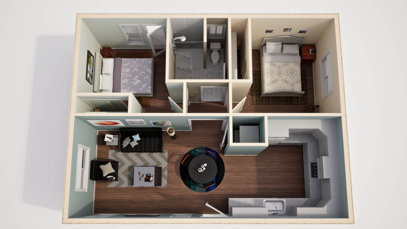 Anchored Tiny Homes East Bay model C-744 3D floor plan. 